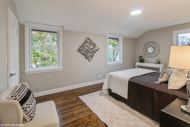 bedroom with multiple windows, dark hardwood / wood-style flooring, and vaulted ceiling