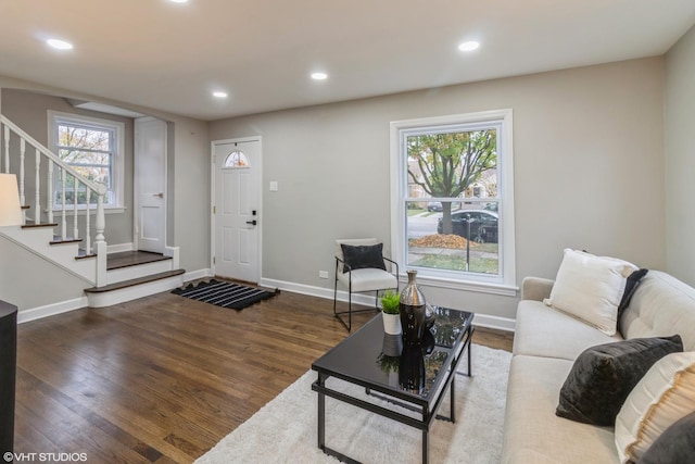 living room with dark wood-type flooring