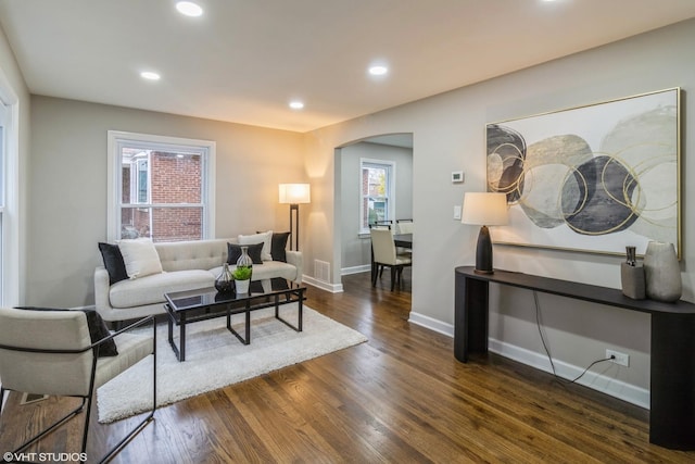 living room with dark hardwood / wood-style flooring