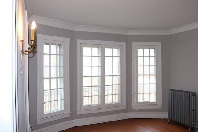 entryway with crown molding, radiator heating unit, and dark hardwood / wood-style flooring