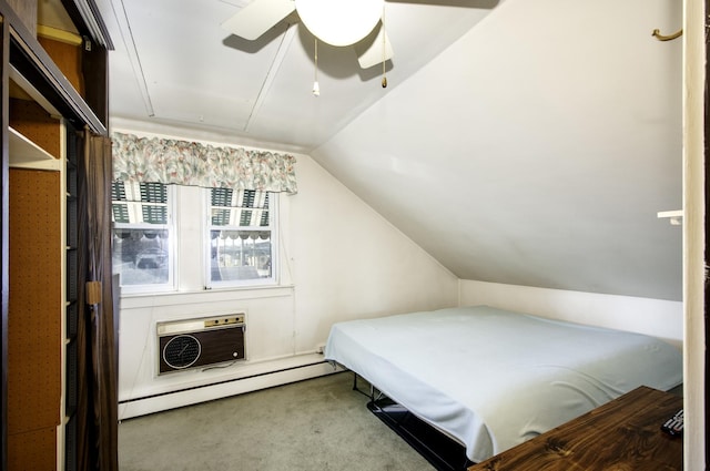 carpeted bedroom with lofted ceiling, a baseboard heating unit, a wall mounted air conditioner, and ceiling fan