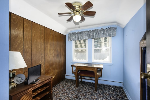 office with ceiling fan and lofted ceiling