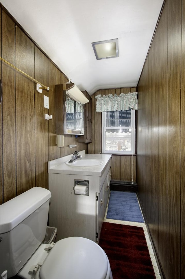 bathroom featuring wooden walls, vanity, and toilet