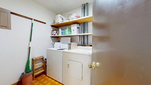 laundry area with electric panel and separate washer and dryer