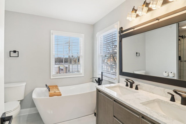 bathroom featuring vanity, toilet, and a bathing tub