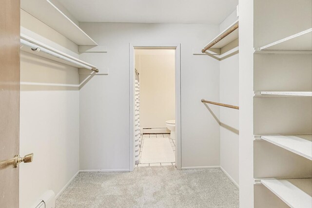 spacious closet featuring light colored carpet and a baseboard heating unit