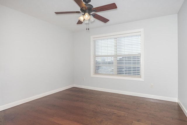 unfurnished room featuring ceiling fan, dark wood-style flooring, and baseboards