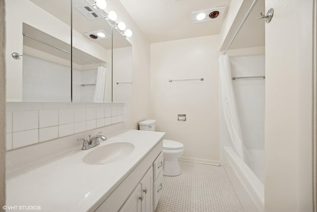 full bathroom featuring shower / tub combo with curtain, decorative backsplash, tile patterned flooring, vanity, and toilet