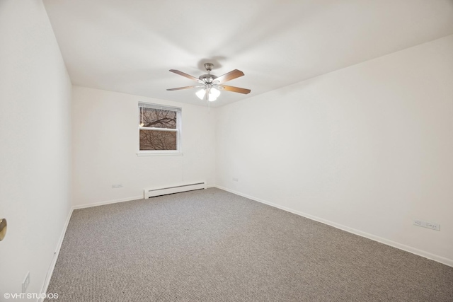 unfurnished room with a baseboard radiator, carpet flooring, and ceiling fan