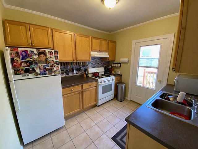 kitchen featuring sink, white appliances, light tile patterned floors, backsplash, and ornamental molding