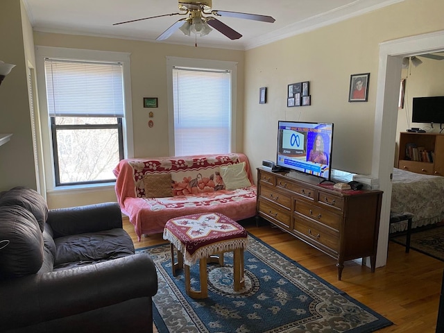 living room with crown molding, hardwood / wood-style floors, and ceiling fan