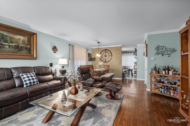 living room with crown molding and dark wood-type flooring