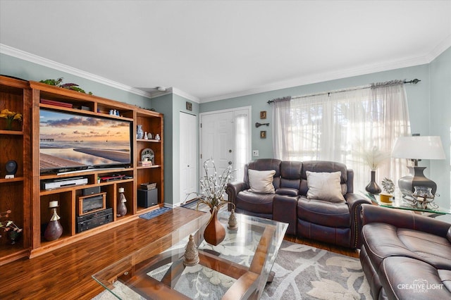 living room with wood-type flooring and crown molding