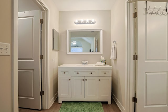 bathroom with hardwood / wood-style flooring and vanity