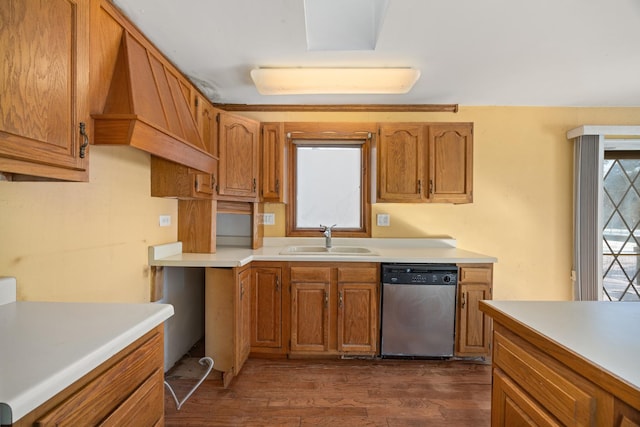 kitchen featuring dark wood-type flooring, a healthy amount of sunlight, dishwasher, and sink