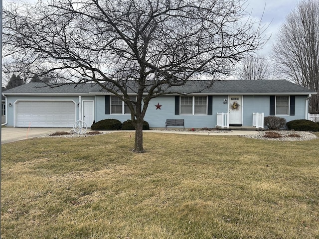 single story home with a garage and a front lawn