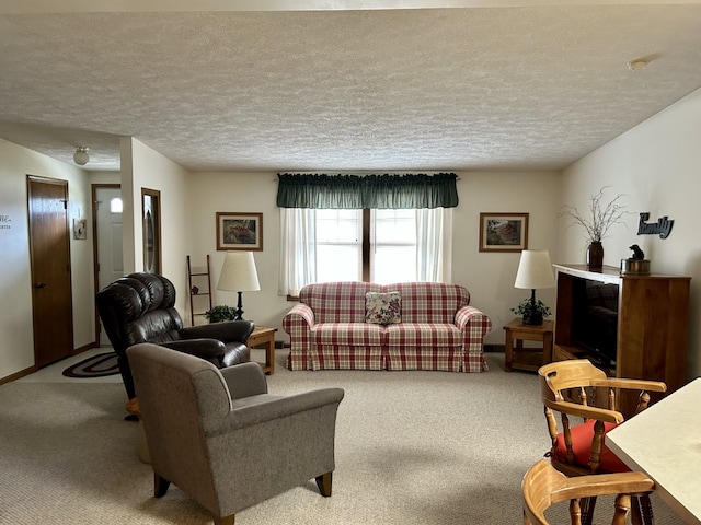 carpeted living room with a textured ceiling