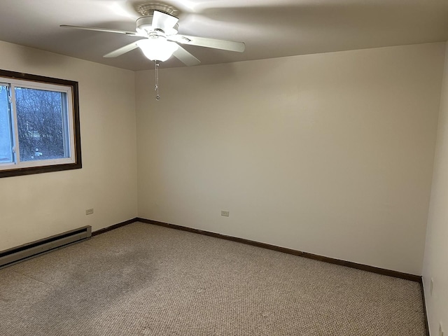 unfurnished room featuring a baseboard radiator, light colored carpet, and ceiling fan