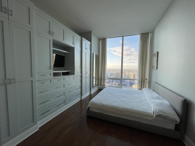 bedroom featuring a wall of windows and dark hardwood / wood-style flooring