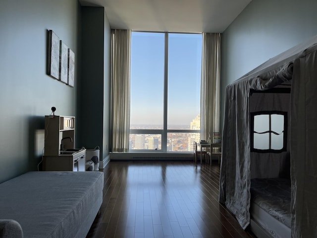 bedroom featuring a wall of windows and dark hardwood / wood-style floors