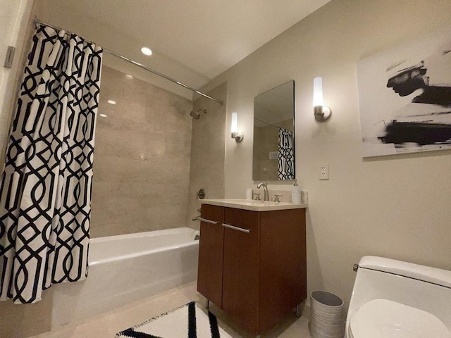 full bathroom with toilet, vanity, and shower / bathtub combination with curtain