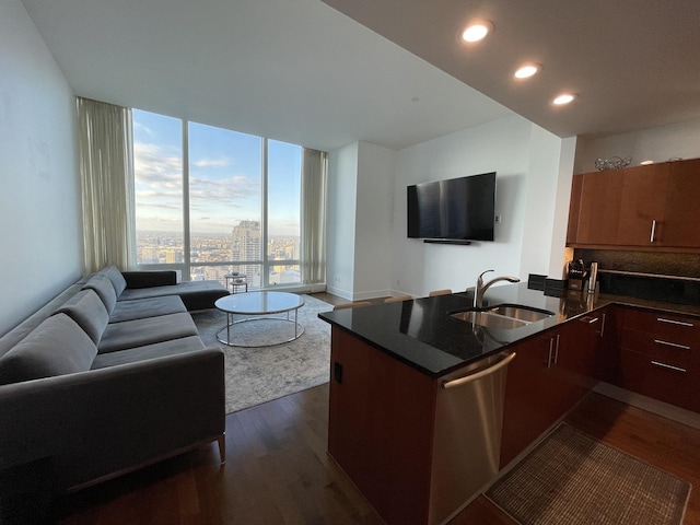 kitchen with expansive windows, dark hardwood / wood-style floors, dishwasher, and sink