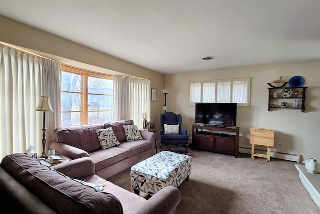 living room featuring a baseboard radiator and carpet