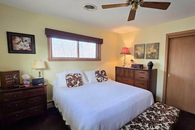 bedroom featuring ceiling fan and baseboard heating