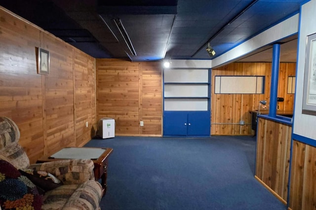 basement featuring wooden walls, track lighting, and carpet