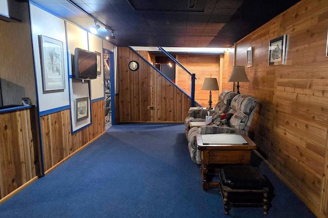 interior space with dark colored carpet, track lighting, and wooden walls