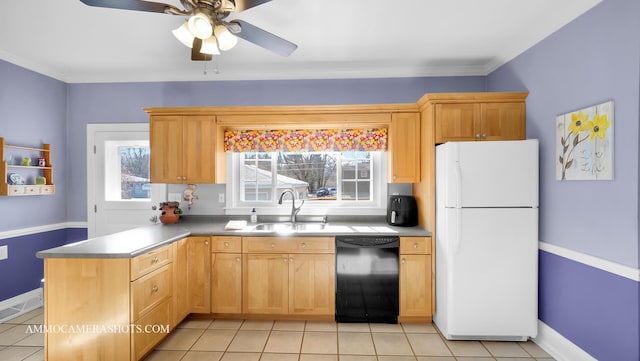 kitchen featuring light tile patterned flooring, black dishwasher, sink, white refrigerator, and ceiling fan