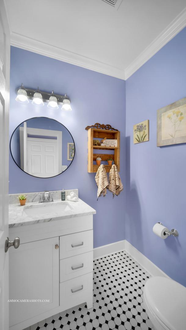 bathroom with crown molding, vanity, and toilet