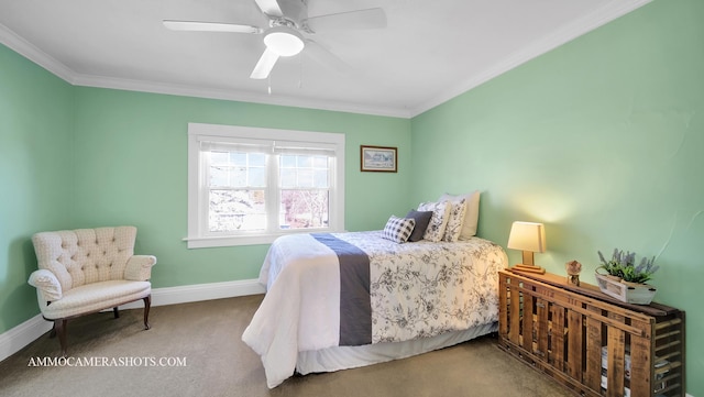 carpeted bedroom with crown molding and ceiling fan