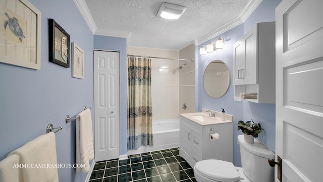 full bathroom with shower / tub combo, tile patterned flooring, vanity, a textured ceiling, and toilet