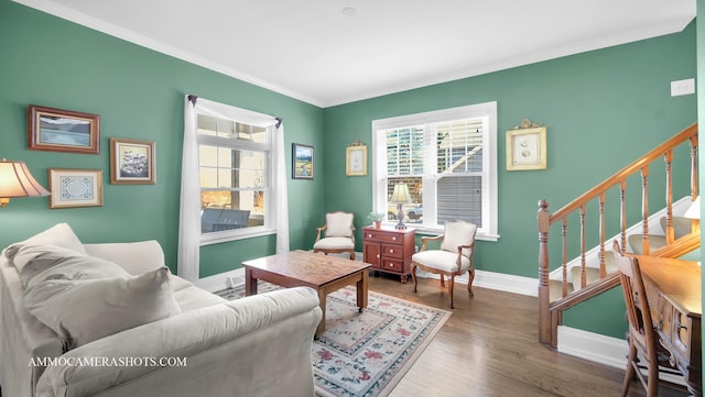 living room with hardwood / wood-style floors, ornamental molding, and a healthy amount of sunlight