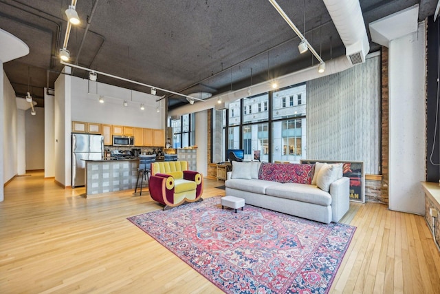 living room with light hardwood / wood-style flooring, track lighting, and a high ceiling