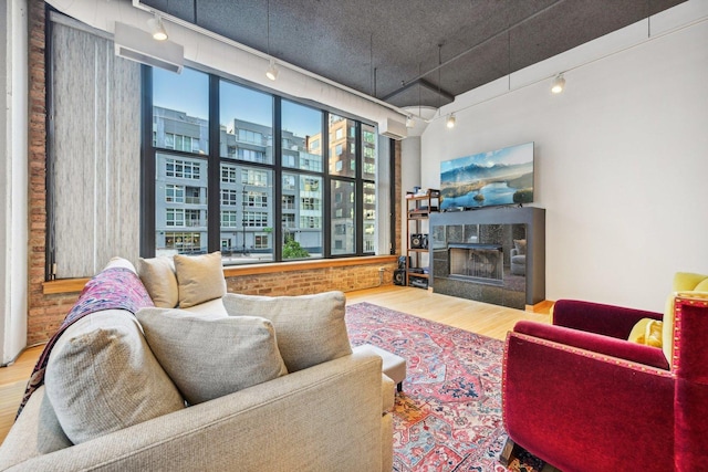 living room with rail lighting and hardwood / wood-style floors