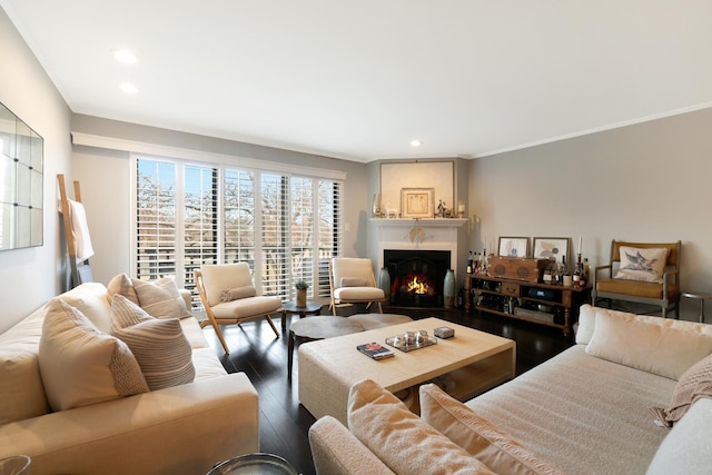 living room featuring dark wood-type flooring and crown molding