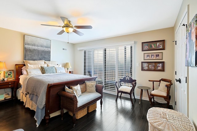 bedroom featuring ceiling fan and dark hardwood / wood-style floors