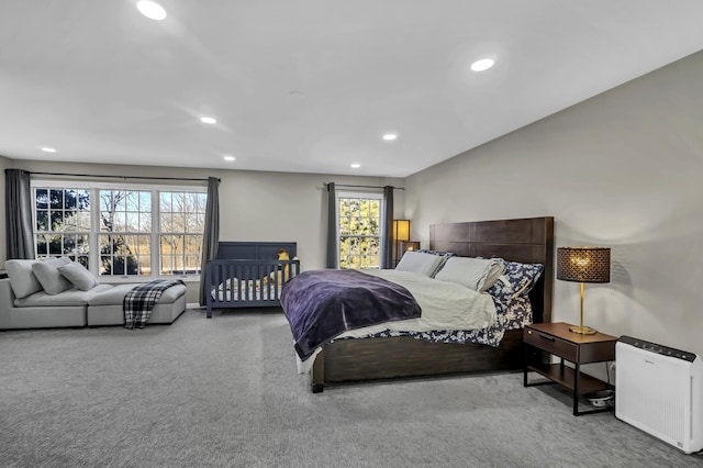 bedroom featuring carpet flooring and recessed lighting