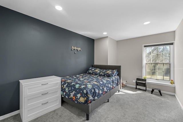 bedroom featuring recessed lighting, carpet, and baseboards