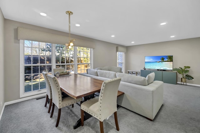 carpeted dining area featuring visible vents, recessed lighting, and baseboards