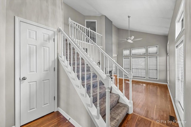 stairs with hardwood / wood-style flooring, high vaulted ceiling, and ceiling fan