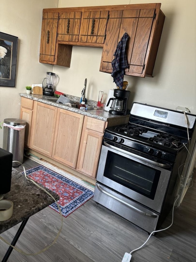 kitchen with gas range, dark hardwood / wood-style floors, and sink