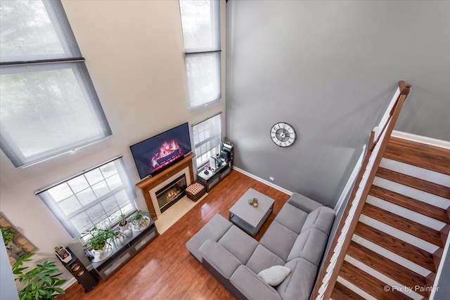 living room with hardwood / wood-style flooring and a towering ceiling