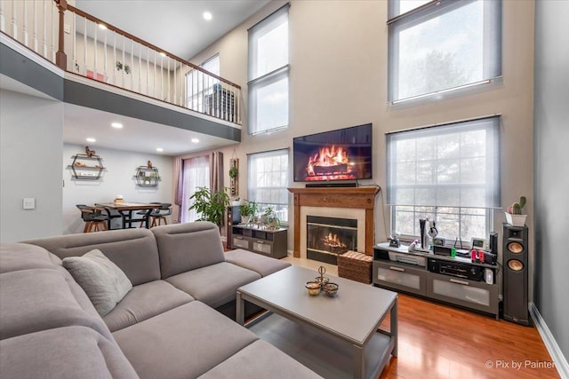 living room featuring a towering ceiling and wood-type flooring