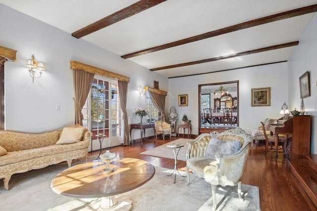 living room featuring dark hardwood / wood-style floors and beam ceiling