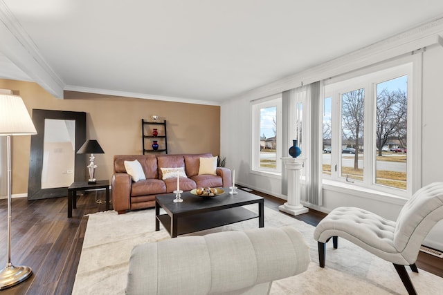 living room with ornamental molding and dark hardwood / wood-style flooring