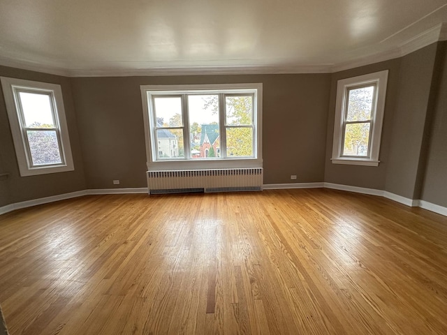 spare room featuring radiator, light wood-type flooring, and a wealth of natural light