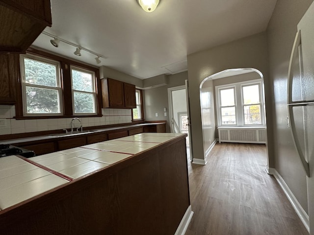 kitchen featuring sink, radiator, a healthy amount of sunlight, decorative backsplash, and tile countertops